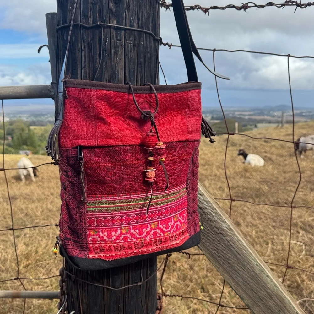 Boho Ethnic Chic Folk Indie Embroidered Red Woven leather Pom Pom crossbody